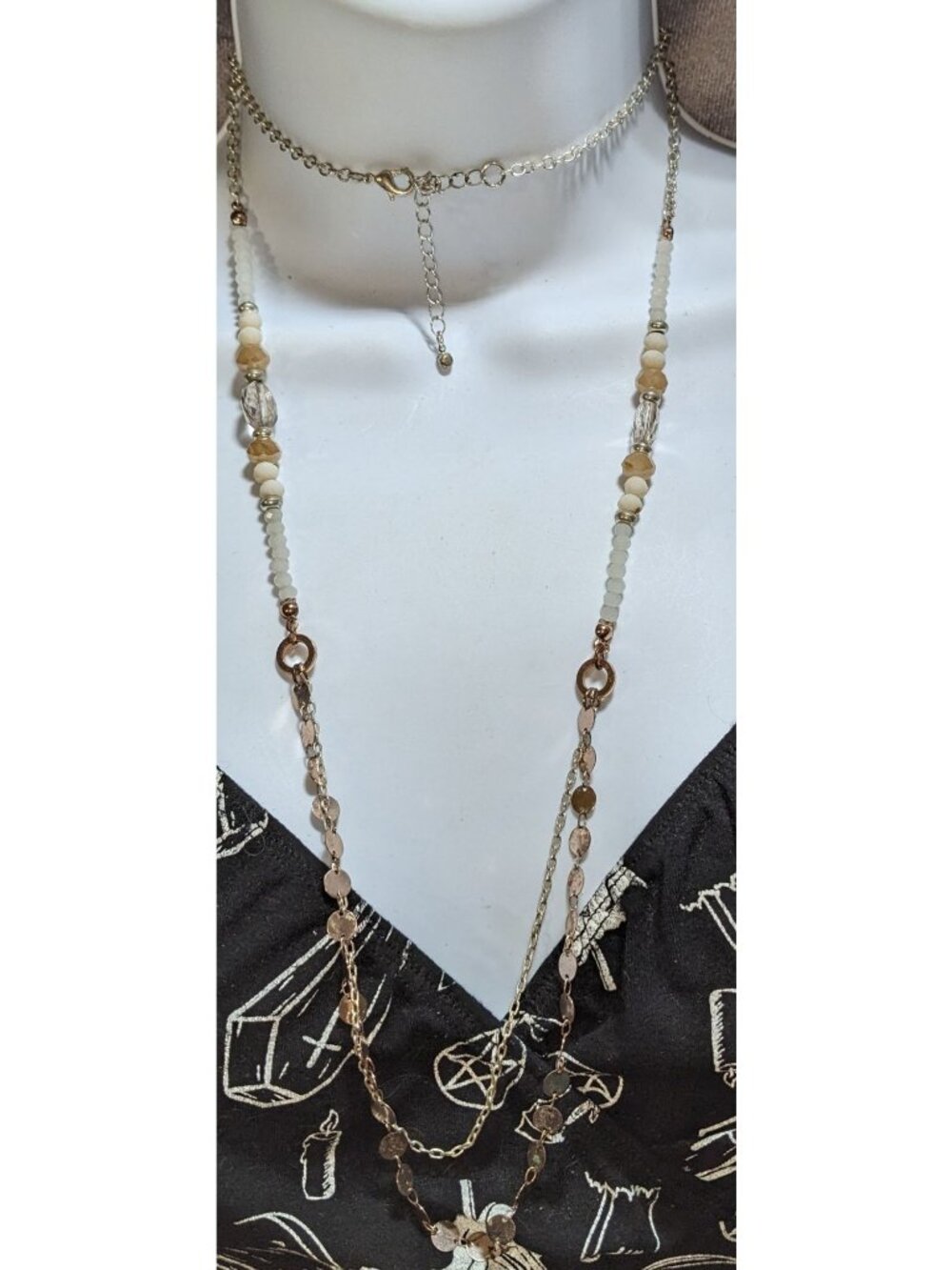 Boho Coastal Layered Cream Beaded Mixed Metal Long Necklace
